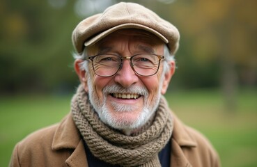 Happy senior man smiles with glasses, beard. Elderly gentleman wears stylish cap, warm scarf, brown coat. Enjoys fresh outdoor air in park on cool autumn day. Face expresses joy, wisdom, positivity,