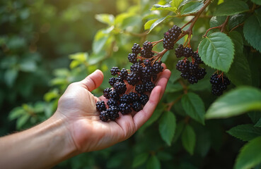 Female hand gently collects ripe black elderberry fruits growing on branch outdoors in sunny nature. Summer autumn harvest season for healthy organic berries, rich in vitamins. Person gathers fresh