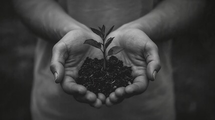 Hands holding small plant with soil in monochrome background  