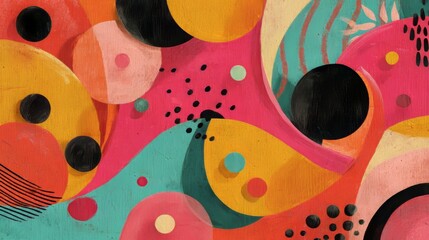 Bright abstract geometric artwork with bold curves, dots, and playful shapes in orange, teal, yellow, and pink tones. 