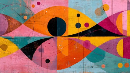 Bright abstract geometric artwork with bold curves, dots, and playful shapes in orange, teal, yellow, and pink tones. 