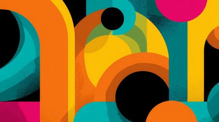 Bright abstract geometric artwork with bold curves, dots, and playful shapes in orange, teal, yellow, and pink tones. 