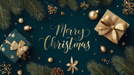 Christmas greeting vector with gold bow, gift box, ornaments, and pine leaves. 