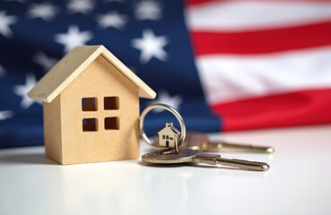 Small house model with keys sits before blurred American flag. Represents home ownership financing and real estate purchase. Symbolizes patriotic dream.