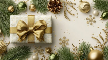 Christmas greeting vector with gold bow, gift box, ornaments, and pine leaves. 