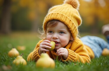 Little girl in yellow hat and sweater eats fresh pears while lying on green grass lawn in autumn. Child enjoys natural fruit snack outdoors. Healthy food for kids.