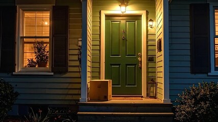 Cozy front porch with a delivered package in the evening, illuminated by warm indoor lighting
