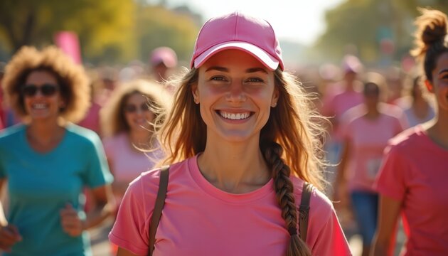 Women participate in walkathon wearing pink. Crowd supports breast cancer awareness. People walk on street in event. Diverse group supports health cause during charity walk for breast cancer - Powered by Adobe