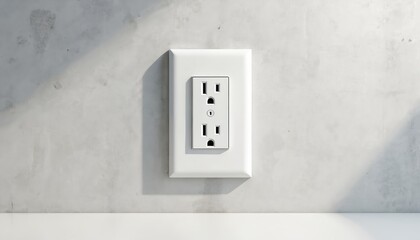 White electrical outlet on concrete wall. Mains supply source for home appliances, devices. US standard socket for household electric power. Wiring, home network concept. Energy efficiency, power