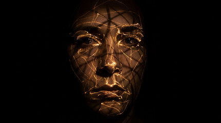 Intricate golden lines dance across a woman's face, creating an enthralling interplay of light and shadow. The elegant patterns emphasize her captivating beauty.