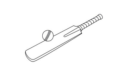 Stylized monochrome outline illustration depicting cricket bat and ball for sports material
