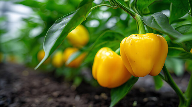 Gelbe Paprikapflanze mit reifen Fr&uuml;chten im Gem&uuml;segarten