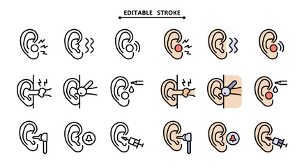 Otitis symptoms and treatment icons set. Editable stroke. People experiencing earache, tinnitus, hearing loss and infections, using ear drops, medication and hearing aid. Vector signs for web graphics
