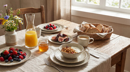 A bright and cheerful breakfast setting is ready to be enjoyed. Berries, figs, yogurt with granola, bread, juice, honey, and coffee are artfully arranged on a table.