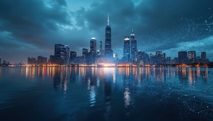Cityscape with water reflections shows high tech network. Skyline view features skyscrapers, bright lights under dark sky. Modern urban center shows connectivity, communication, futuristic concepts.