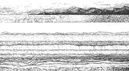 Detailed black and white illustration of folded geological strata and rock formations geology