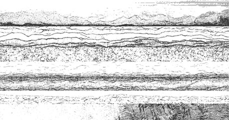 Black and white cross section illustration of soil layers with grass and water vector. Detailed black and white illustration of folded geological strata and rock formations geology. 