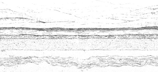 Black and white cross section illustration of soil layers with grass and water vector. Detailed black and white illustration of folded geological strata and rock formations geology. 