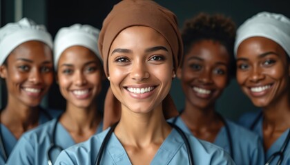 Diverse team of friendly female doctors nurses in scrubs. Multiethnic group stands together smiling. Healthcare professionals show unity, community in hospital. AI generative midwifery inclusion