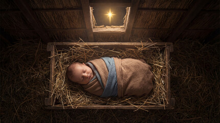 Newborn baby Jesus sleeping in wooden manger filled with straw, top view nativity scene with bright Christmas star shining through roof opening, peaceful warm illustration of holy night in Bethlehem