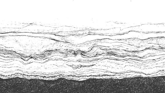 Black and white cross section illustration of soil layers with grass and water vector. Detailed black and white illustration of folded geological strata and rock formations geology. 