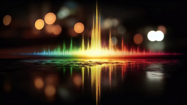 Vibrant sound wave visualization, digital music equalizer, audio spectrum, modern background.