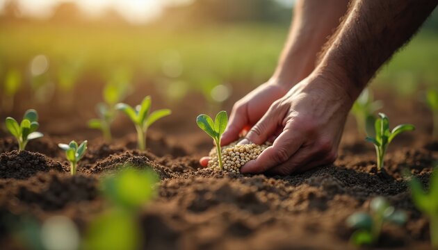 Farmer hand plants soybean seeds in fertile soil, nurturing young sprouts. Cultivating healthy crops for sustainable agriculture and food production, growth begins.
