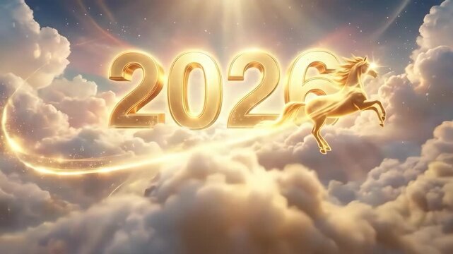2026 golden year horse cloud glowing golden numbers and luminous unicorn rising in warm light