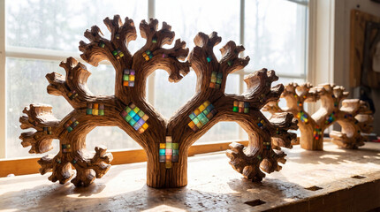 Two whimsical sculptures of branching trees, adorned with luminous mosaic tiles, sit in a sunlit workshop, casting delicate shadows on the table below.