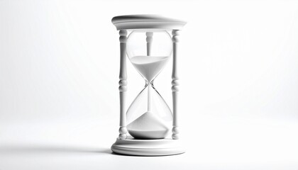 White hourglass with sand flowing, classic design with cylindrical frame and vertical supports, on white background.