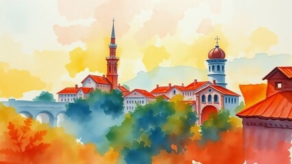 Watercolor painting of a historic town with red rooftops and a prominent spire