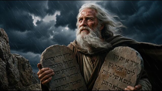 Cinematic video of  Prophet Moses holding Ten Commandments from God on Mount Sinai cinematic biblical story AI generated