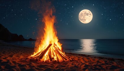 Beach bonfire at night under moon stars. Firewood burns on sandy shore near water. Beautiful bright flame reflects in ocean water. Campfire romance outdoors.