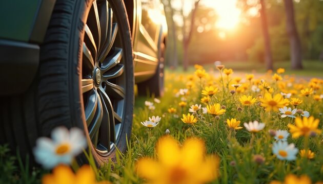 Car tire close up on summer flowery meadow. Vehicle wheel and tyre on floral lawn. Auto drives by blooming flowers in park. Car on nature landscape. Season change on road trip.