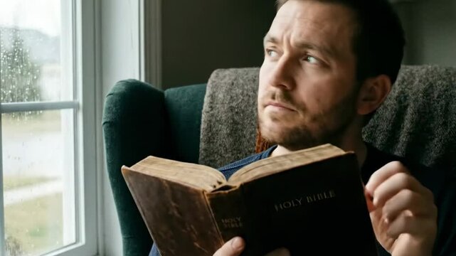 preacher home - Christian man reading Holy Bible sitting by window in morning light peaceful faith concept