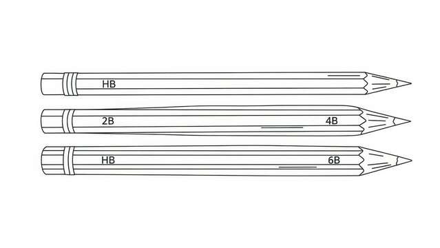 Monochrome illustration showcasing varying graphite grades of artist's pencils laid flat for