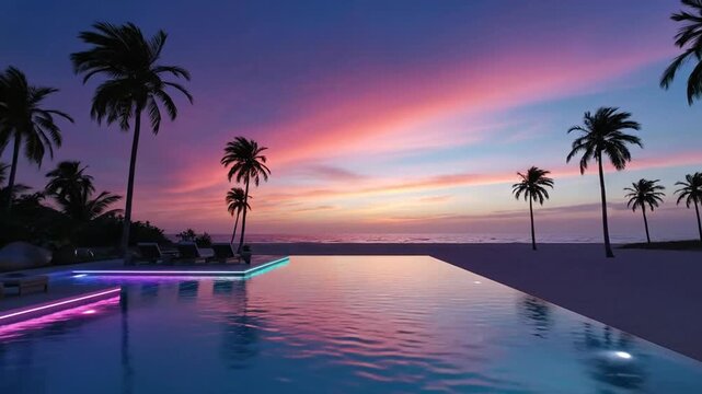 Evening poolside scene with palm trees and colorful sky