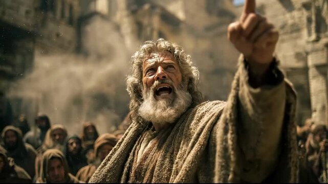 Ancient preacher delivering sermon to crowd in old city marketplace bazaar biblical story concept