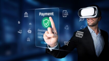 A businessman engages with virtual reality to navigate secure online payment systems, highlighting the intersection of technology and finance in modern transactions. Raster