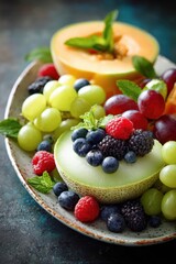 Elegant Fresh Fruit Platter with Melon, Grapes, and Berries for Wellness Content