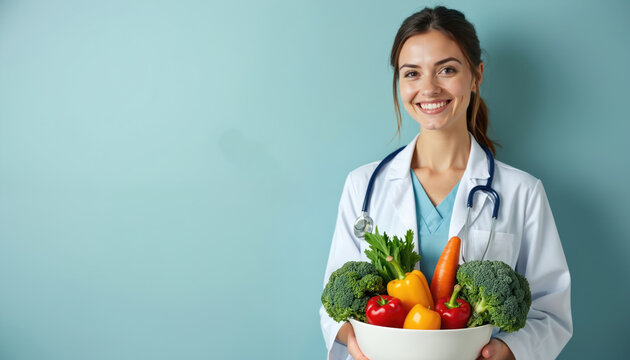 Doctor in white coat holds bowl of fresh vegetables broccoli pepper carrot. Promoting healthy eating good nutrition choice, lifestyle, diet plan. Consulting on wellness. - Powered by Adobe