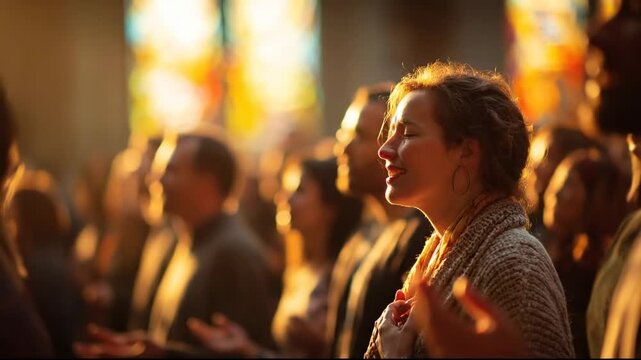 Contemporary Worship video - Group of people praying and singing worship songs in church choir prayer service cinematic