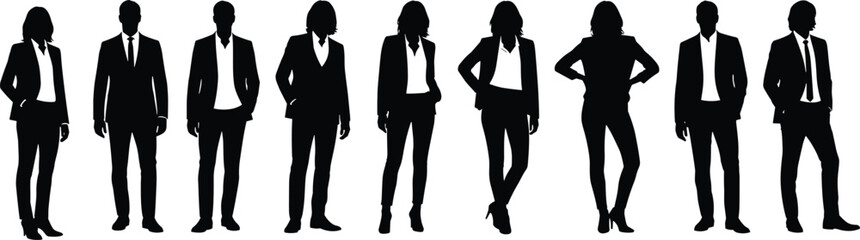 Black Silhouette Collection of Nine Diverse Business Professionals, Including Men and Women in Suits, Representing Corporate Teamwork, Executives, and Office Staff Vector Set
