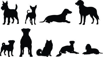 Black Silhouette Collection of Nine Dog Breeds in Various Poses, Including Sitting, Standing, and Lying Down, Representing Pets, Animals, and Canine Vector Icons Set