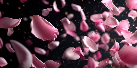 Pink Rose Petals Falling on Dark Background for Romantic and Elegant Themes