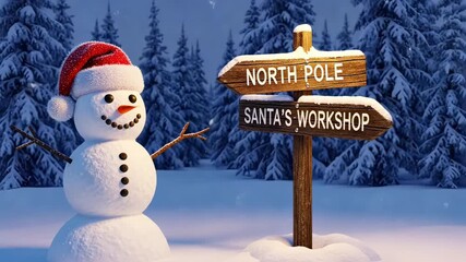Snowman with Santa hat beside rustic wooden signpost surrounded by snow-covered fir trees and gentle falling snowflakes