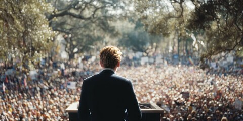 Political Speaker Addressing Crowd Outdoors at Rally