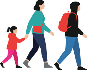 Diverse Family Group of Three Walking Flat Vector Illustration, Mother, Child, and Man with Backpack, Representing Travel, Parenthood, Education, and Modern Lifestyle