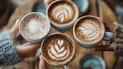 Friends clasp cozy latte-patterned coffee cups in their hands, clinking glasses in warm company. A friendly moment celebrating connection and comfort. Top view of morning coffee.