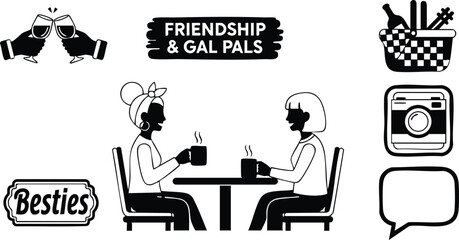 Flat line art close up two women sitting at table holding coffee mugs looking at each other with clinking glasses besties badge camera icon speech bubble